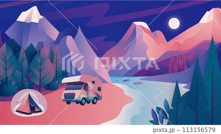 大自然 川と山 赤いスポーツカー【イラスト】 113156579