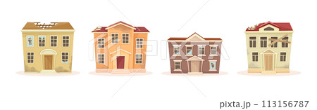 Ruined House and Abandoned Building in Bad Condition Vector Set 113156787
