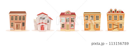Ruined House and Abandoned Building in Bad Condition Vector Set Ruined House and Abandoned Building in Bad Condition Vector Set 113156789