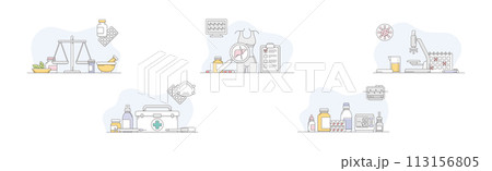 Medicine and Pharmacy Object and Medicament Line Vector Set 113156805