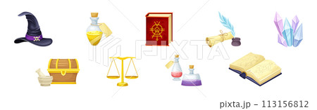 Magic Object and Element with Witch Hat, Flask, Book, Scroll, Scale and Treasure Chest Vector Set 113156812