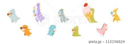 Colorful Dinosaur Eating Ice Cream Frozen Dessert Vector Set 113156824