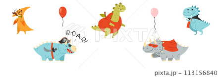 Colorful Dinosaur at Birthday Party Celebrate Holiday Vector Set 113156840