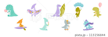 Cute Comic Dinosaur Do Different Activity Vector Set 113156844
