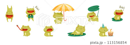 Funny Green Frog Character Engaged in Different Activity Vector Set 113156854