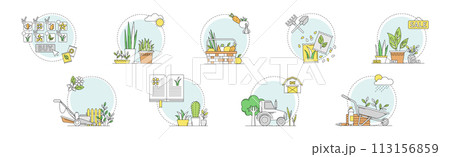 Garden and Horticulture with Plant Cultivation Line Vector Set 113156859