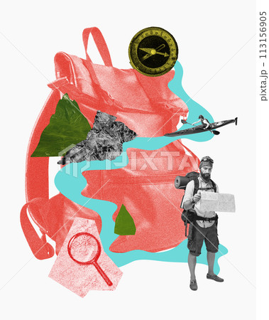 Contemporary art collage. Hiker standing with with map and compass, woman on rowing on kayak against abstract nature elements. Contemporary art collage. Hiker standing with with map and compass, woman on rowing on kayak against abstract nature elements. 113156905