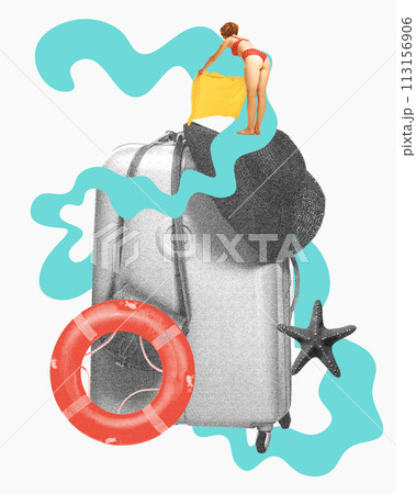 Young woman in swimsuit putting towel for sunbathing, monochrome suitcase and hat items, swimming circle. Summer relaxation on beach. Contemporary art collage 113156906