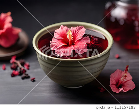 Red hibiscus tea beverage with flowers and dry petals. Herbal tea made from carcade petals in a cup on a dark background. 113157185