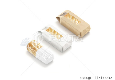 Blank bread in white transparent cellophane and paper pack mockup 113157242