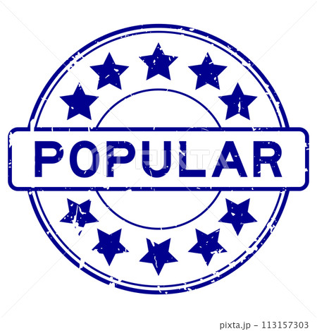 Grunge blue popular word with star icon round rubber seal stamp on white background 113157303