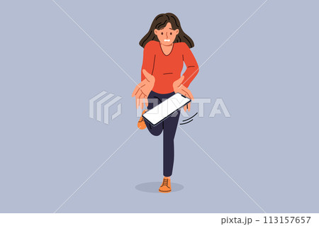 Woman drops phone due to carelessness and absent-mindedness, risking damage to gadget 113157657