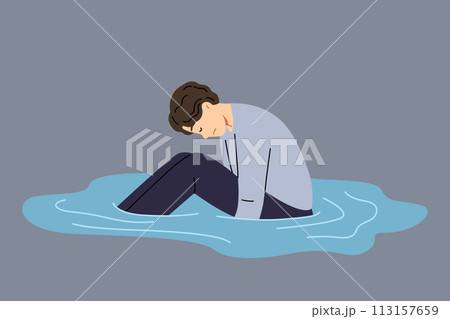 Depressed man sits in puddle of tears, feeling apathy after breaking up with girlfriend 113157659