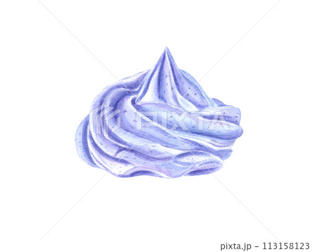 Blue yogurt cream. Whipped mousse. Swirl Ice cream with berry taste. Healthy, cold and sweet dessert. Watercolor illustration isolated on white background. For package, menu, recipe Blue yogurt cream. Whipped mousse. Swirl Ice cream with berry taste. Healthy, cold and sweet dessert. Watercolor illustration isolated on white background. For package, menu, recipe 113158123
