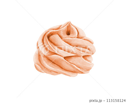 Sweet cream in peach color. Swirl Ice cream with berry taste. Healthy, cold and sweet dessert. Whipped mousse. Watercolor illustration isolated on white background. For package, menu, recipe Sweet cream in peach color. Swirl Ice cream with berry taste. Healthy, cold and sweet dessert. Whipped mousse. Watercolor illustration isolated on white background. For package, menu, recipe 113158124
