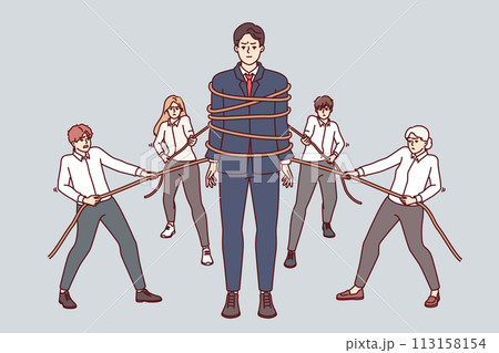 Teamwork business people with ropes, together creating strong colleague to solve corporate problems 113158154