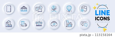 Phone, Building and Employees messenger line icons for web app. Pack of Charging station, Carousels, Video conference pictogram icons. Augmented reality, Vr, Air balloon signs. Work time. Vector Phone, Building and Employees messenger line icons for web app. Pack of Charging station, Carousels, Video conference pictogram icons. Augmented reality, Vr, Air balloon signs. Work time. Vector 113158164