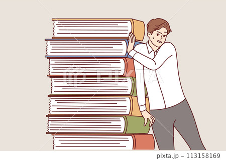 Tired business man near stack books is experiencing difficulties due to corporate training material 113158169