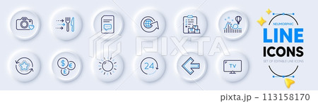 Left arrow, Delivery report and 24 hours line icons for web app. Pack of Photo camera, Tv, Money currency pictogram icons. Roller coaster, Comments, Food delivery signs. Loyalty points. Vector 113158170