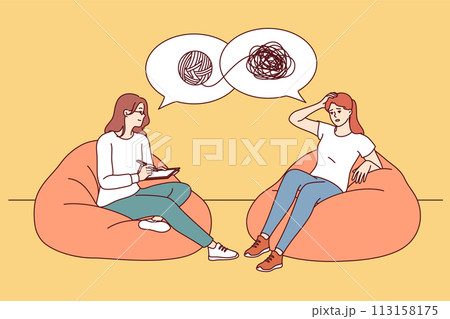 Psychotherapist helping girl patient understand confused thoughts and solve psychological problems 113158175