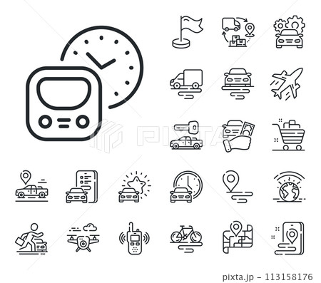 Subway time schedule sign. Plane, supply chain and place location outline icons. Metro line icon. Underground train railway symbol. Metro line sign. Taxi transport, rent a bike icon. Vector 113158176