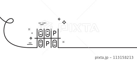 Parking place line icon. Continuous one line with curl. Car park sign. Transport symbol. Parking place single outline ribbon. Loop curve pattern. Vector Parking place line icon. Continuous one line with curl. Car park sign. Transport symbol. Parking place single outline ribbon. Loop curve pattern. Vector 113158213