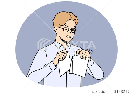 Furious businessman tear paper document Furious businessman tear paper document 113158217