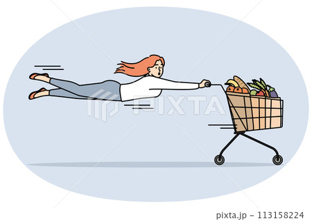 Woman with shopping cart full of groceries 113158224