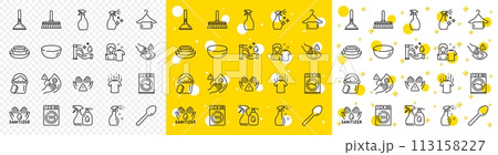 Outline Dry t-shirt, Clean hands and Sponge line icons pack for web with Dryer machine, Cleaning mop, Washing machine line icon. Dont touch, Hand sanitizer, Cleaning liquids pictogram icon. Vector 113158227