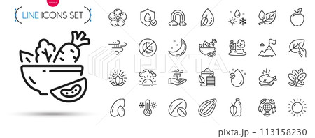 Pack of Weather, Organic tested and Waterproof line icons. Include Rainbow, Lotus, Fish dish pictogram icons. Bio shopping, Wind energy, Spinach signs. Soy nut, Insomnia, Leaf dew. Vector 113158230