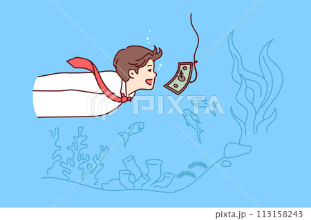Money trap in front of business man swimming underwater with banknote on fishing rod hook Money trap in front of business man swimming underwater with banknote on fishing rod hook 113158243