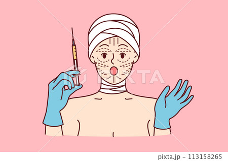 Woman is preparing for facelift procedure, and opens mouth, shocked by prices for plastic surgery Woman is preparing for facelift procedure, and opens mouth, shocked by prices for plastic surgery 113158265