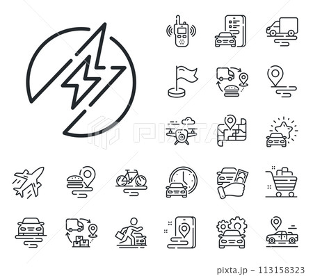 Charging power sign. Plane, supply chain and place location outline icons. Electric energy line icon. Charge lightning bolt symbol. Electric energy line sign. Taxi transport, rent a bike icon. Vector 113158323