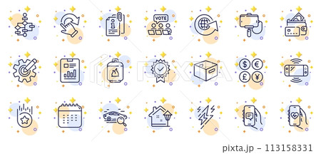 Outline set of Health app, Cogwheel and Money currency line icons for web app. Include Online voting, Lightning bolt, Gas cylinder pictogram icons. Chat app, Loyalty star, Certificate signs. Vector Outline set of Health app, Cogwheel and Money currency line icons for web app. Include Online voting, Lightning bolt, Gas cylinder pictogram icons. Chat app, Loyalty star, Certificate signs. Vector 113158331