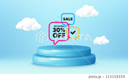 Sale 30 percent banner. Winner podium 3d base. Product offer pedestal. Discount sticker shape. Coupon bubbles icon. Sale 30 promotion message. Background with 3d clouds. Vector 113158359