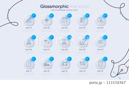 Set of Select user, Sunbed and Edit statistics line icons for web app. Unknown file, Drag drop, Timer icons. Yoga, Download file, Grill place signs. Healthcare calendar, Group, Car charge. Vector 113158367