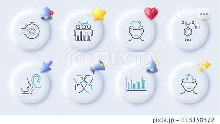 Chemical formula, Mental conundrum and Mental health line icons. Buttons with 3d bell, chat speech, cursor. Pack of Whisper, Squad, Bar diagram icon. Employees group, Timer pictogram. Vector Chemical formula, Mental conundrum and Mental health line icons. Buttons with 3d bell, chat speech, cursor. Pack of Whisper, Squad, Bar diagram icon. Employees group, Timer pictogram. Vector 113158372