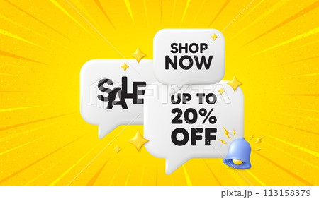 Up to 20 percent off sale. 3d offer chat speech bubbles. Discount offer price sign. Special offer symbol. Save 20 percentages. Discount tag speech bubble 3d message. Talk box banner with bell. Vector 113158379