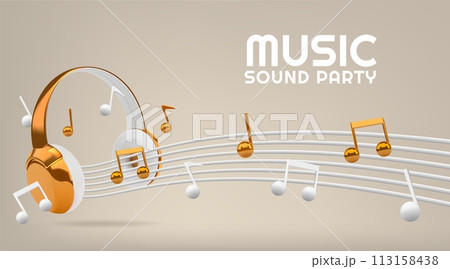 3D headphone. Gold DJ music sound party. White and golden earphone. Listen melody in headset. Audio equipment. Glossy notes. Musical soundtracks. Stereo technology. Vector background 3D headphone. Gold DJ music sound party. White and golden earphone. Listen melody in headset. Audio equipment. Glossy notes. Musical soundtracks. Stereo technology. Vector background 113158438