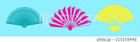 Hand paper fan. Chinese souvenirs. Color silhouettes. Traditional culture. Handheld cooling accessory. Japan or China pattern. Flamenco festival. Japanese geisha attributes vector set Hand paper fan. Chinese souvenirs. Color silhouettes. Traditional culture. Handheld cooling accessory. Japan or China pattern. Flamenco festival. Japanese geisha attributes vector set 113158448