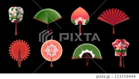 Hand paper fans. Oriental souvenirs. Japanese vintage tradition design. Japan or China pattern object. Handheld cooling geisha attribute. Chinese clothing. Vector Asian accessories set 113158449