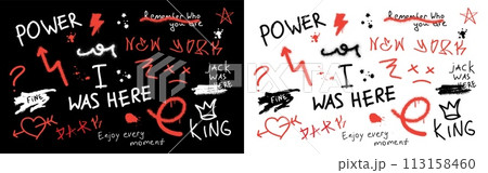 Urban typography. Graffiti texture. Graphic font slogan. Arrow and text for cool boy print or poster. Grunge wall painting. Underground lettering. Black and white NY vector background Urban typography. Graffiti texture. Graphic font slogan. Arrow and text for cool boy print or poster. Grunge wall painting. Underground lettering. Black and white NY vector background 113158460