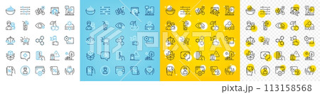 Vector icons set of Person, Internet and Teamwork line icons pack for web with Petrol station, Medical chat, Justice scales outline icon. Phone timing, Cardboard box, Loan percent pictogram. Vector 113158568