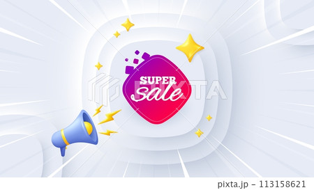 Super sale banner. Neumorphic offer 3d banner, poster. Discount sticker shape. Coupon bubble icon. Super sale promo event background. Sunburst banner, flyer or coupon. Vector Super sale banner. Neumorphic offer 3d banner, poster. Discount sticker shape. Coupon bubble icon. Super sale promo event background. Sunburst banner, flyer or coupon. Vector 113158621