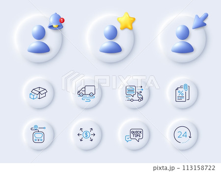 Delivery route, Packing boxes and Quick tips line icons. Placeholder with 3d cursor, bell, star. Pack of Tax documents, Metro, Food delivery icon. 24 hours, Dollar exchange pictogram. Vector Delivery route, Packing boxes and Quick tips line icons. Placeholder with 3d cursor, bell, star. Pack of Tax documents, Metro, Food delivery icon. 24 hours, Dollar exchange pictogram. Vector 113158722