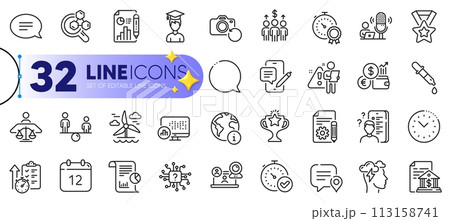 Outline set of Report statistics, Survey and Winner ribbon line icons for web with Internet, Documentation, Recovery photo thin icon. Report, Student, Mindfulness stress pictogram icon. Vector 113158741