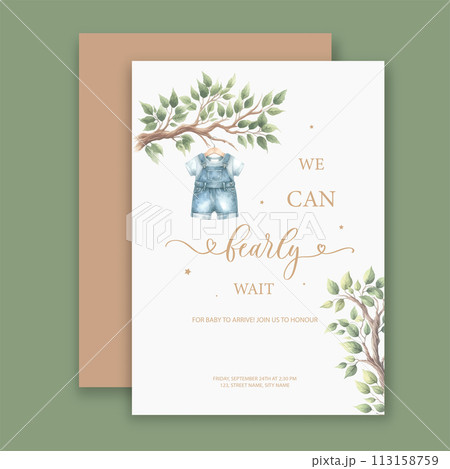 Cute watercolor invitation card. We can bearly wait. Its a girl, Its a boy card with tree branch with childrens clothes on a hanger. 113158759