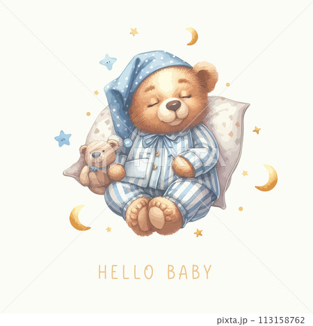 Cute baby shower watercolor invitation card with sleeping bear on moon and cloud. Cute baby shower watercolor invitation card with sleeping bear on moon and cloud. 113158762