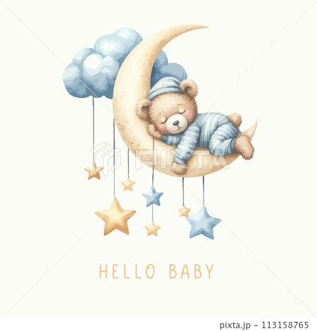 Cute baby shower watercolor invitation card with sleeping bear on moon and cloud. Cute baby shower watercolor invitation card with sleeping bear on moon and cloud. 113158765
