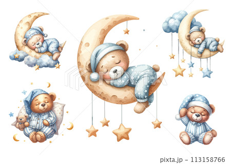 Set of watercolor sleeping bear on moon and cloud. 113158766